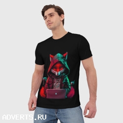 Мужская футболка 3D Лис за ноутбуком